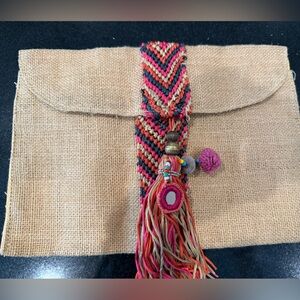 Handcrafted Tan Clutch with Multicolor Accents